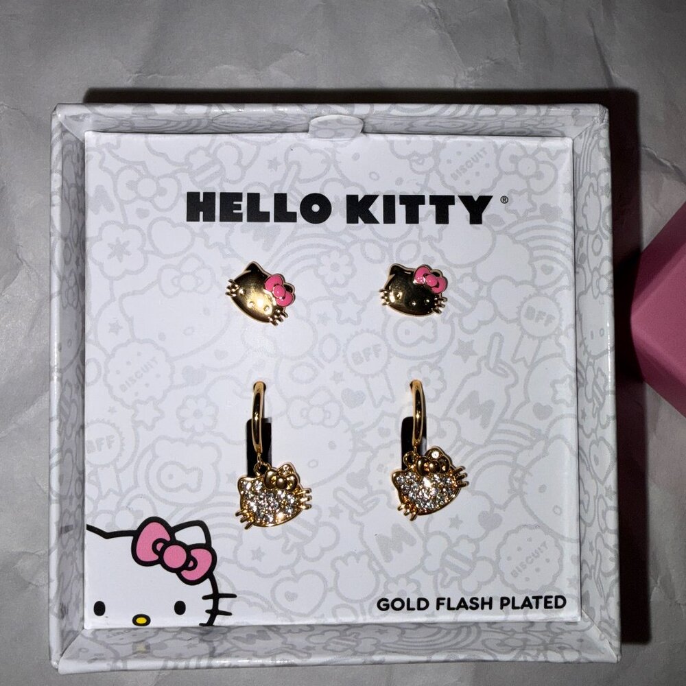 Hello Kitty Gold Flash Plated 4-Piece Earring Set – Studs & Dangle Hoops – NIB